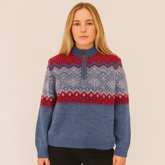 Vineyard Vines Fair Isle 1/4 Zip Sweater Blue Red Merino Wool Alpaca Long Sleeve - Picture 1 of 16